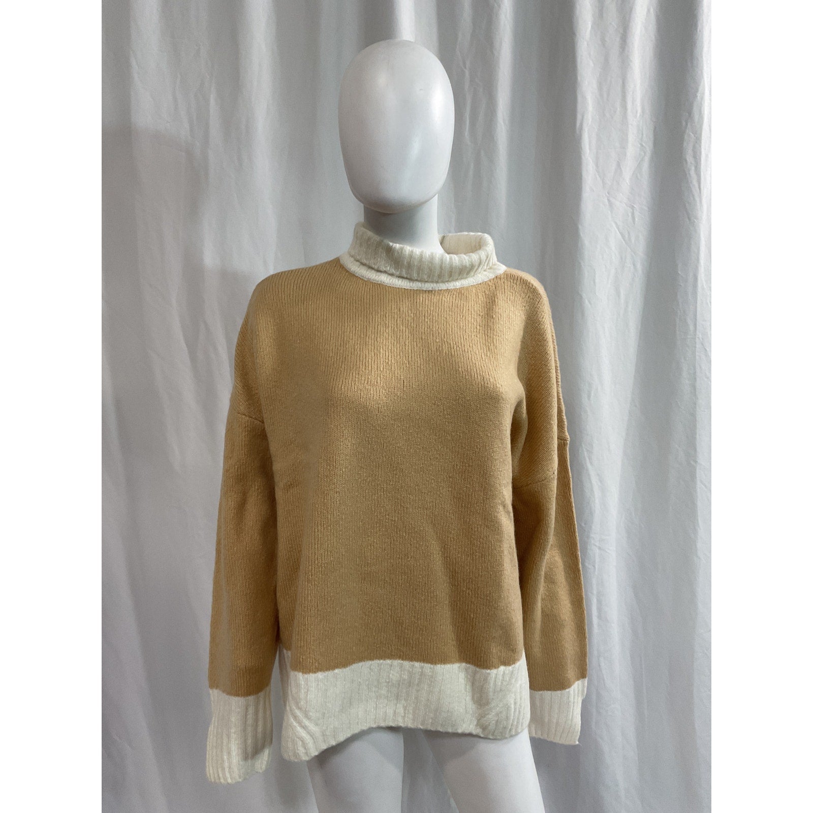 Favorite Daughter 'The Andi' Beige Contrast Rib Turtleneck Wool & Cashmere Blend Sweater Size M - NWT