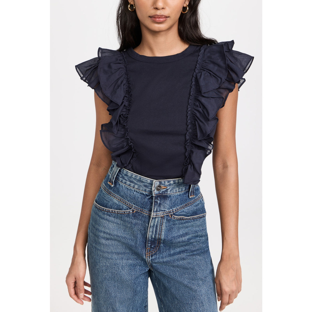 Veronica Beard Denim Jean Blue Cotton Bardot Ruffle Tee Size XS