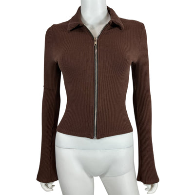 Reformation Ribbed Brown Duke Zip Cardigan Size S