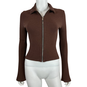 Reformation Ribbed Brown Duke Zip Cardigan Size S