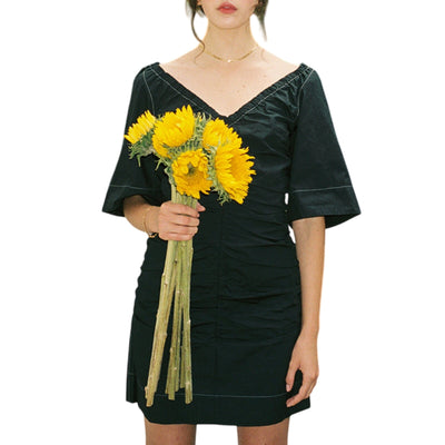 Ganni Ruched Black V-Neck Mini Dress Size 40 EU / US 8
