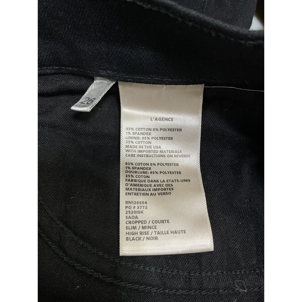 L'Agence 'Sada' Black Cotton High-Rise Crop Slim Straight Jeans Size 26