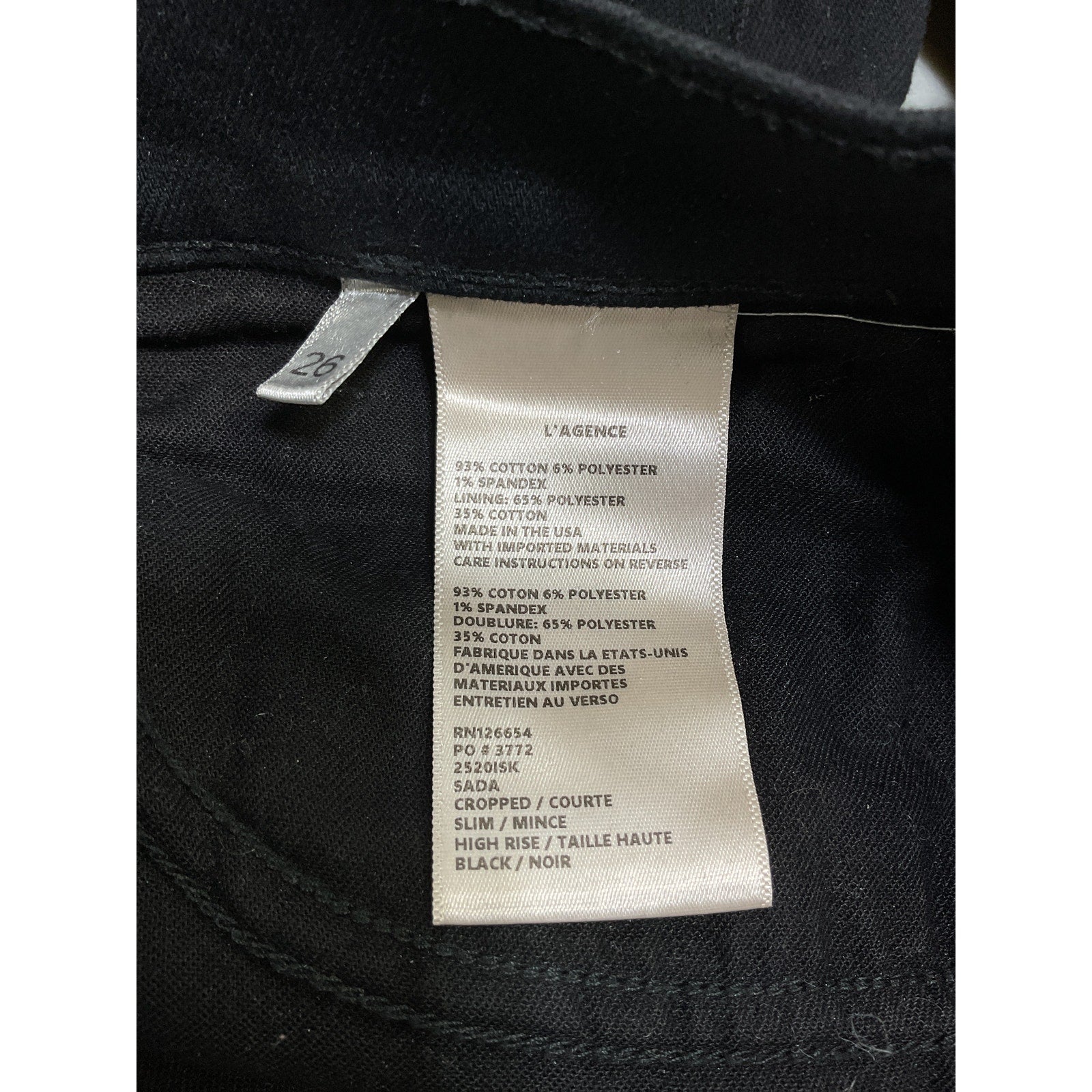 L'Agence 'Sada' Black Cotton High-Rise Crop Slim Straight Jeans Size 26