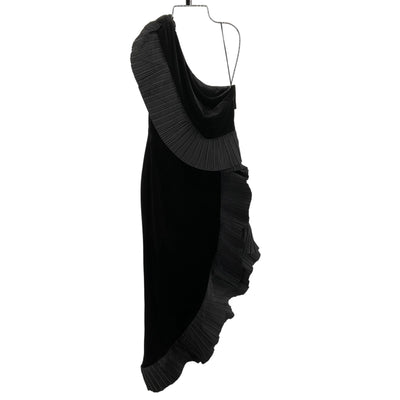 Neiman Marcus Pleated Black Taffeta Velvet Ruffle Dress Size 4