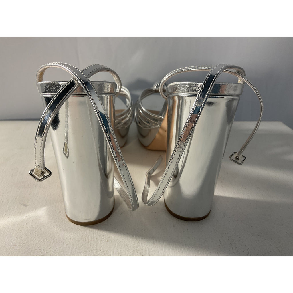 Loeffler Randall 'Rivka' Silver Mirrored-Leather Platform Sandals Size 10.5