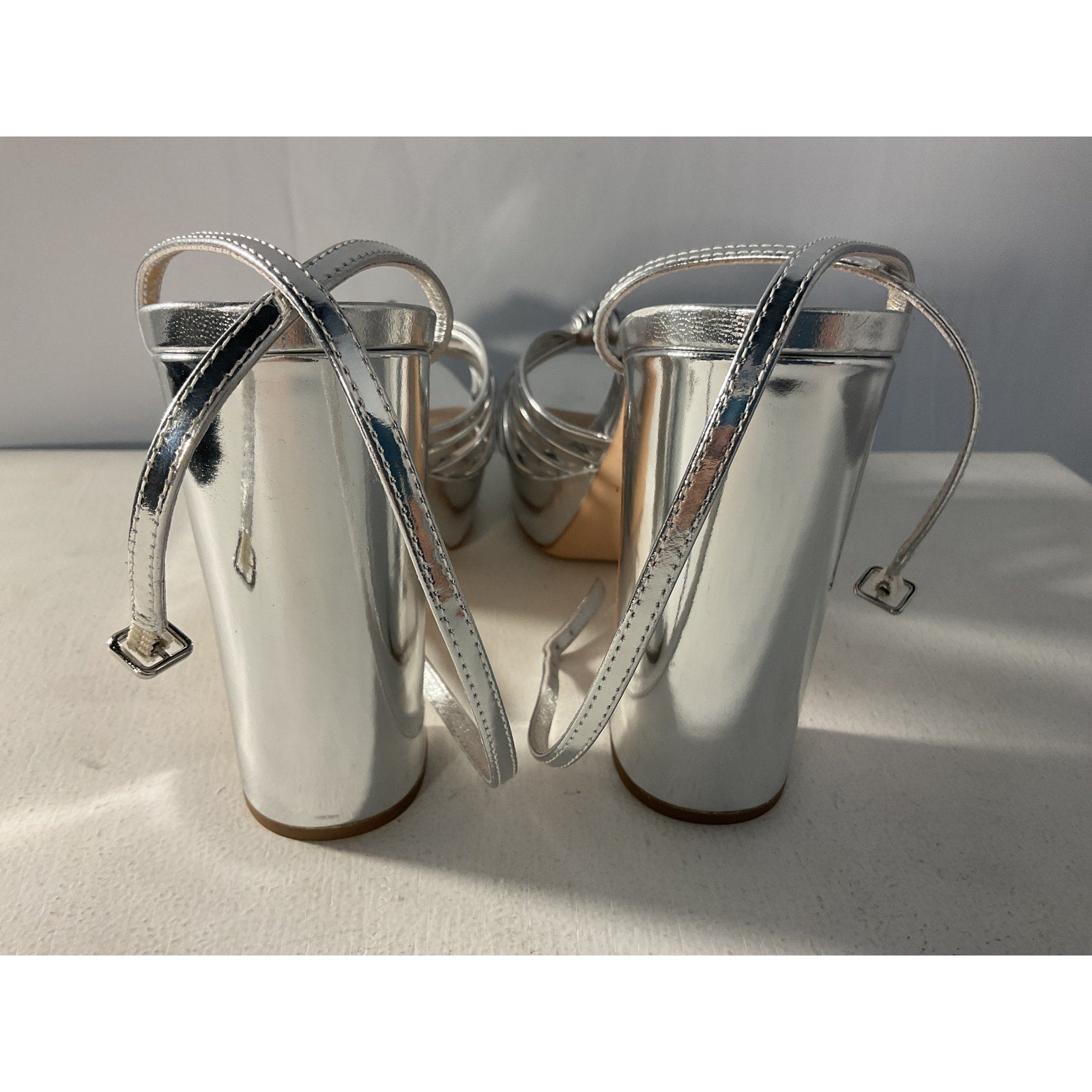 Loeffler Randall 'Rivka' Silver Mirrored-Leather Platform Sandals Size 10.5