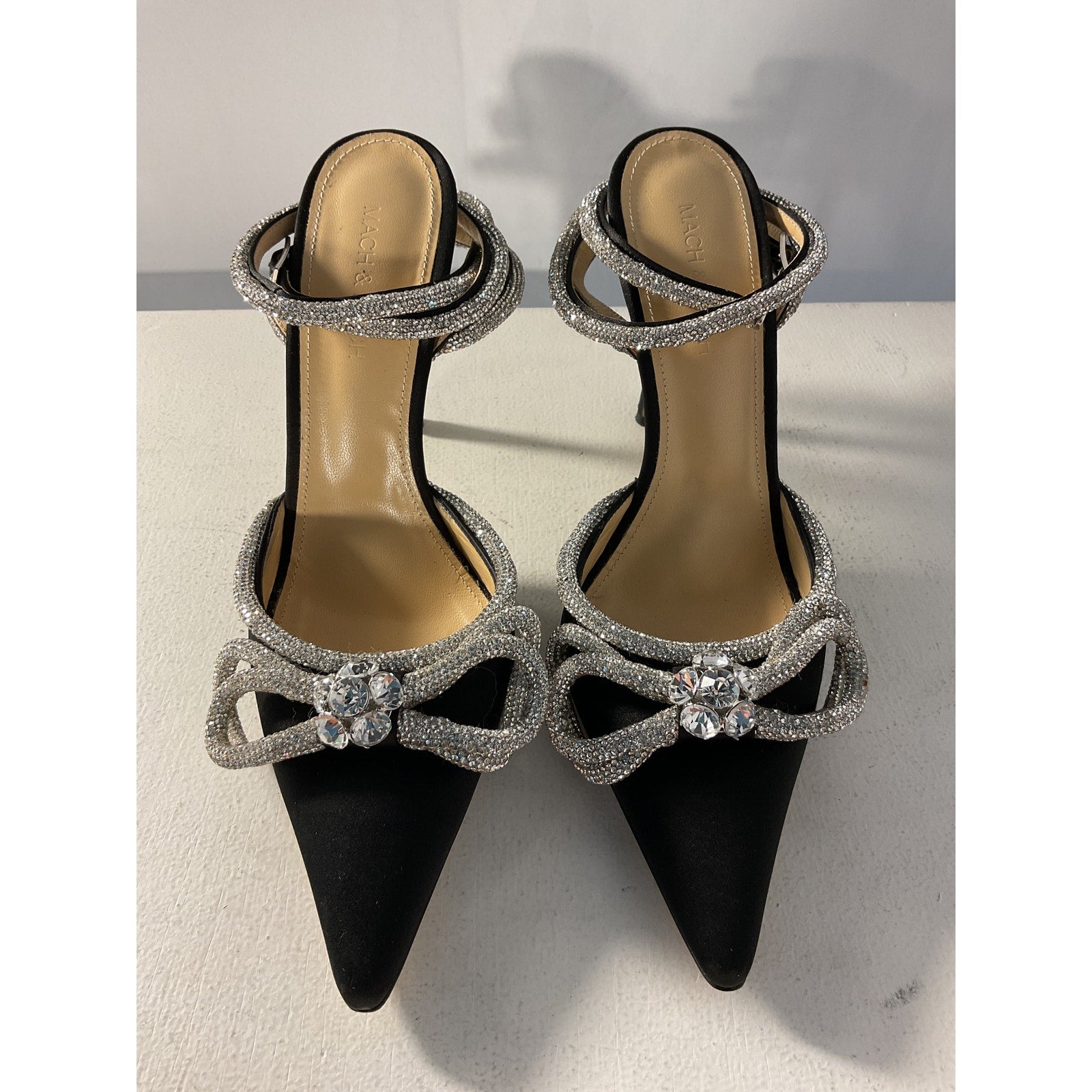 Mach & Mach 'Double Bow' Black Silk Satin Pumps Size 8.5