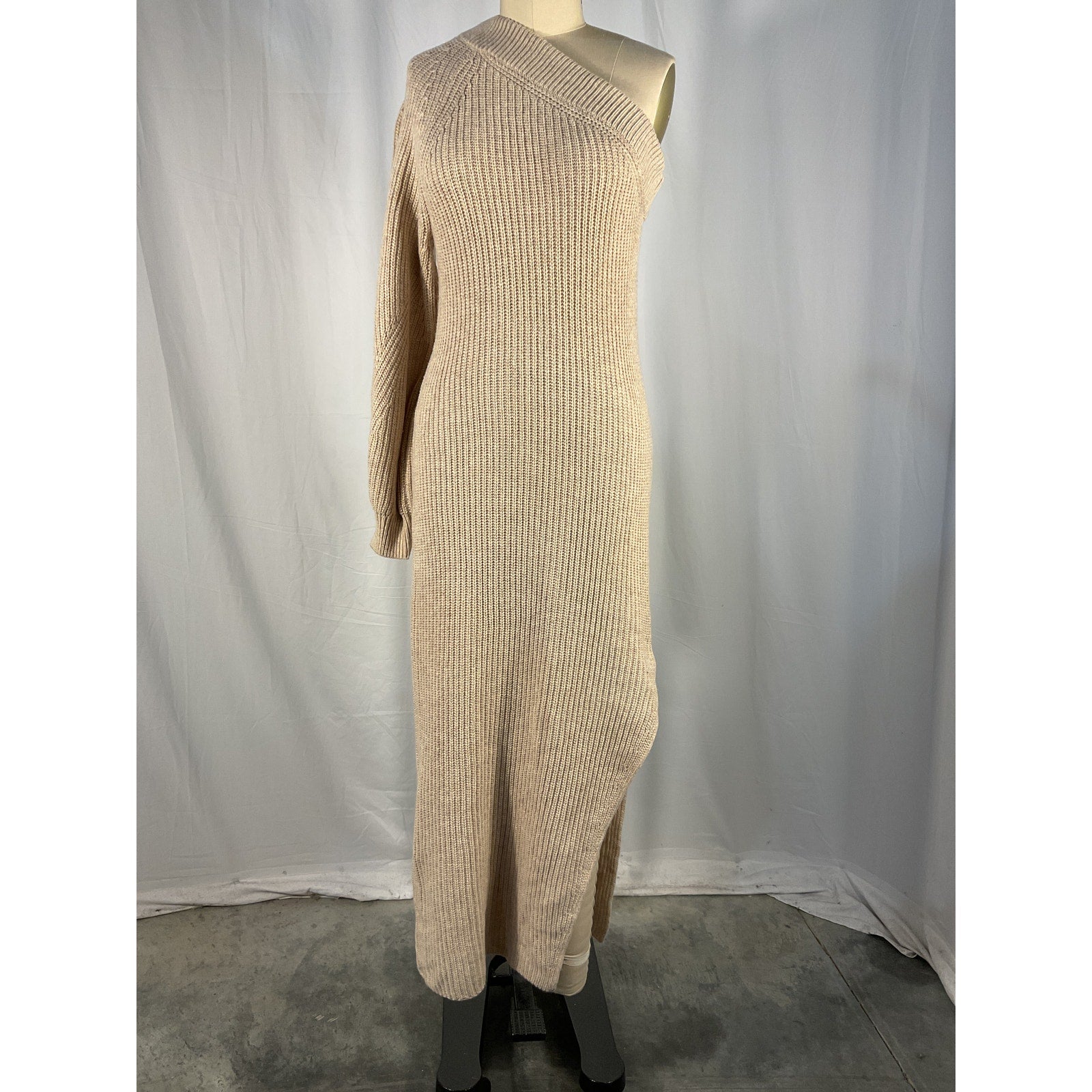 L'Academie 'Feride' Tan Acrylic One Shoulder Midi Dress Size XS