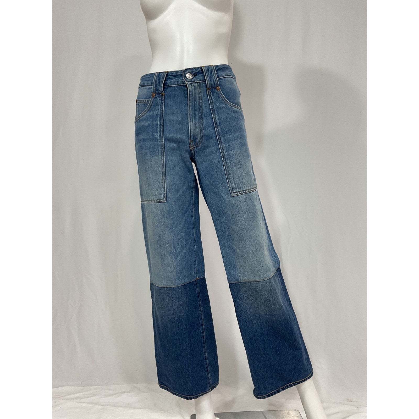 Victoria Beckham 'Serge' Blue Two-Tone Mid-Rise Wide-Leg Denim Jeans Size OS