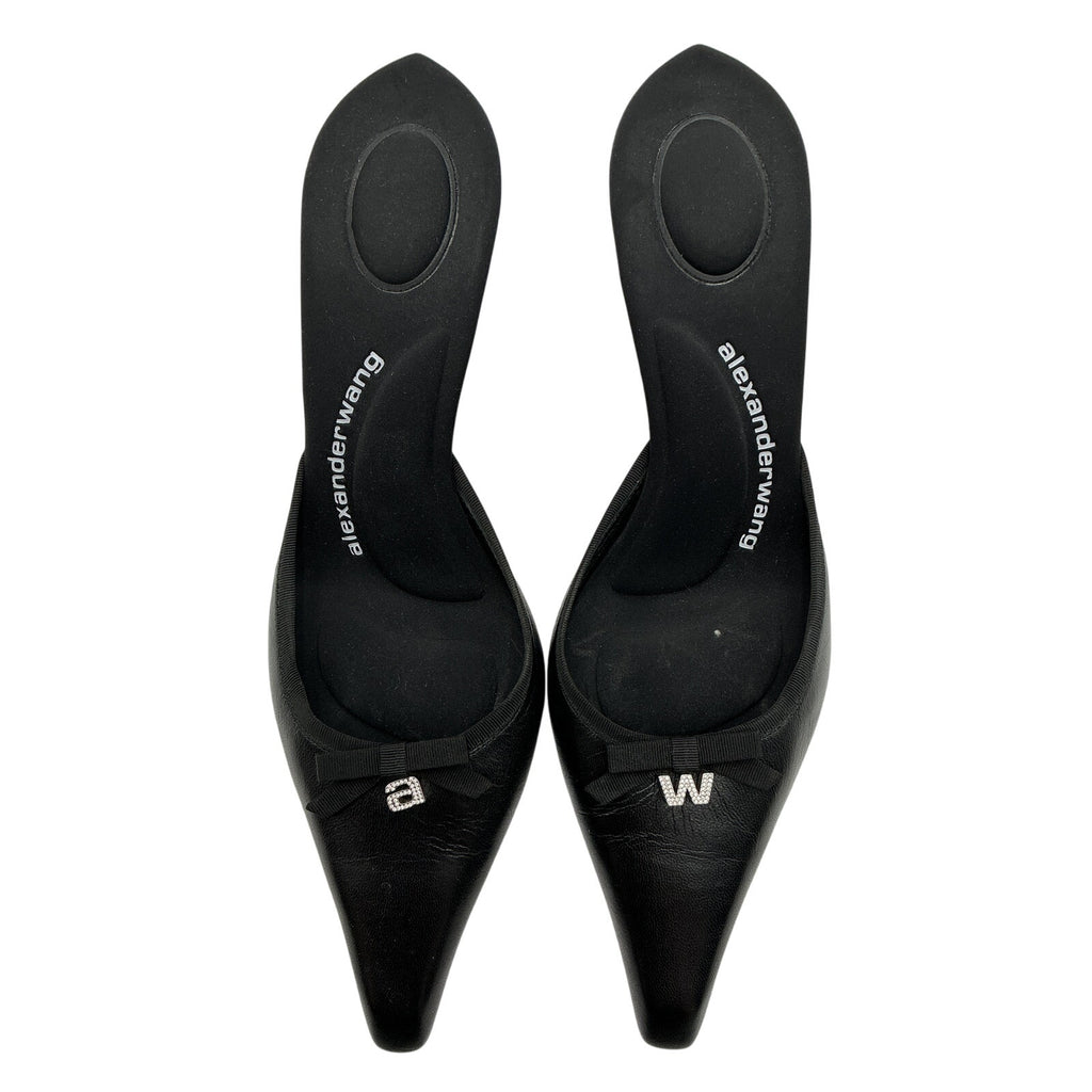 Alexander Wang Black Leather Crystal Embellishments Mules Size 10.5