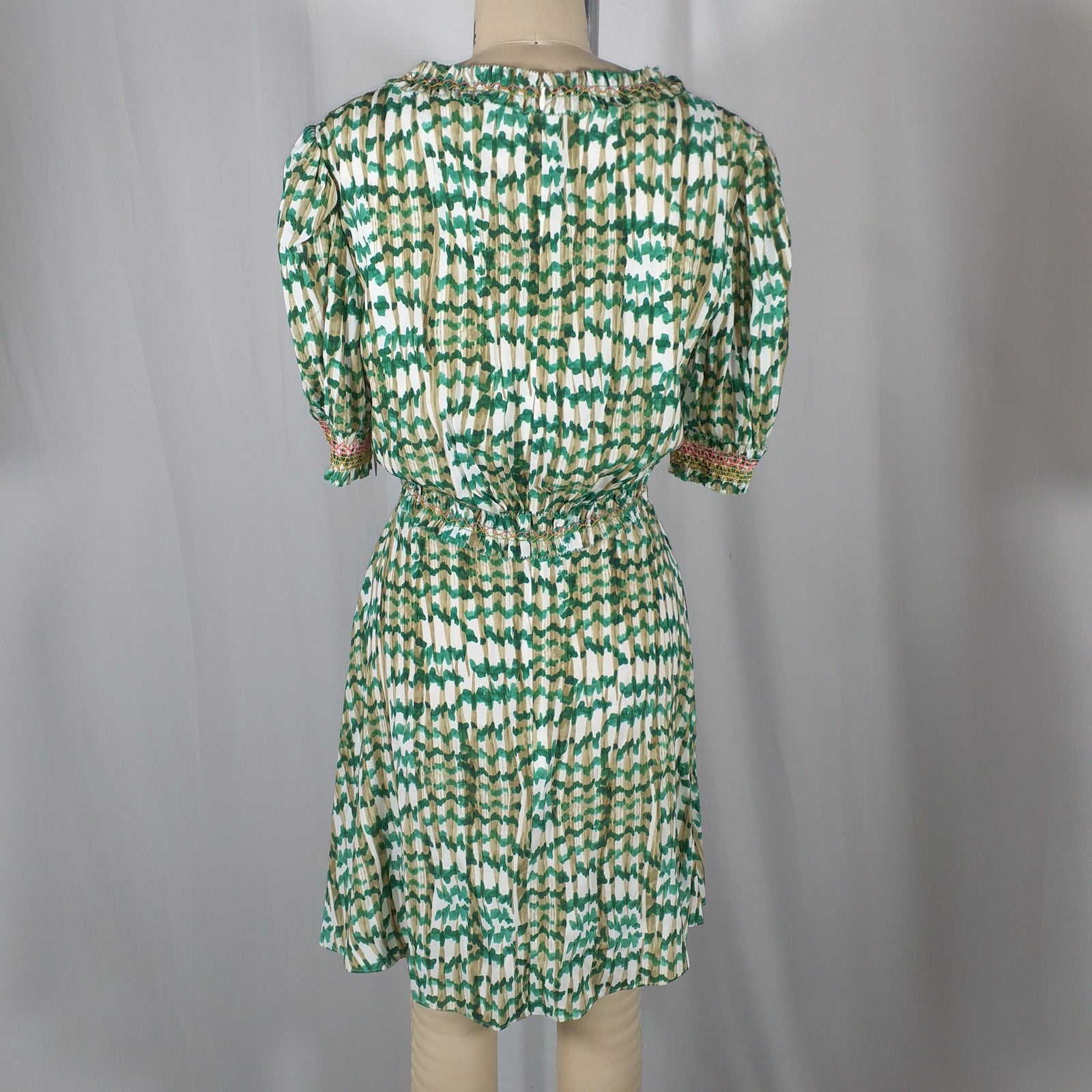 Saloni 'Lea' Green Smocked Printed Ecovero-Blend Crepe Mini Dress Size 6 - NWT