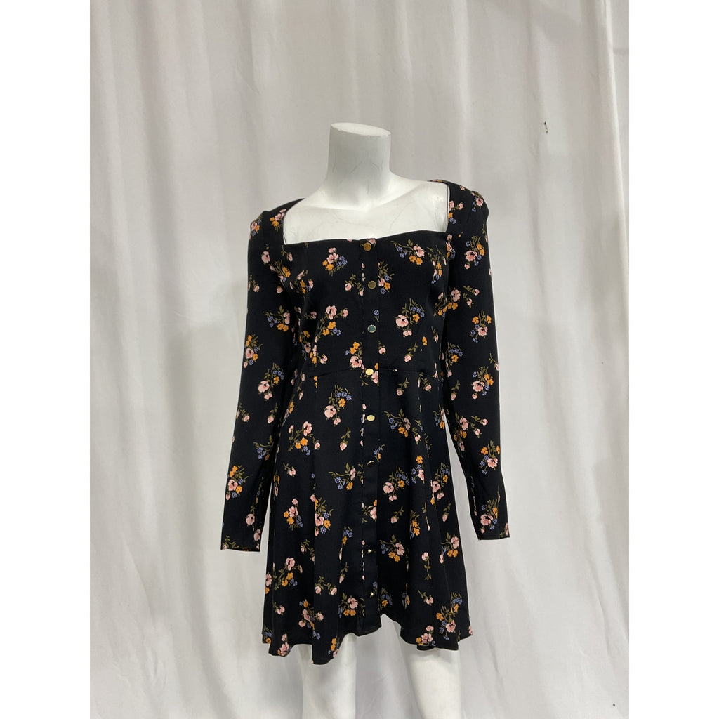 Reformation 'Indira' Black Floral Print Cut Out Long Sleeve Mini Dress Size 10