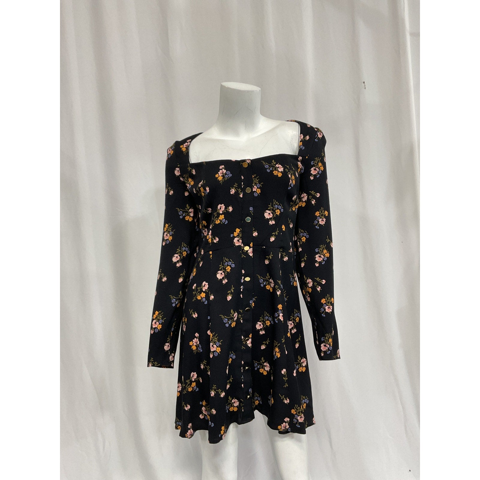 Reformation 'Indira' Black Floral Print Cut Out Long Sleeve Mini Dress Size 10