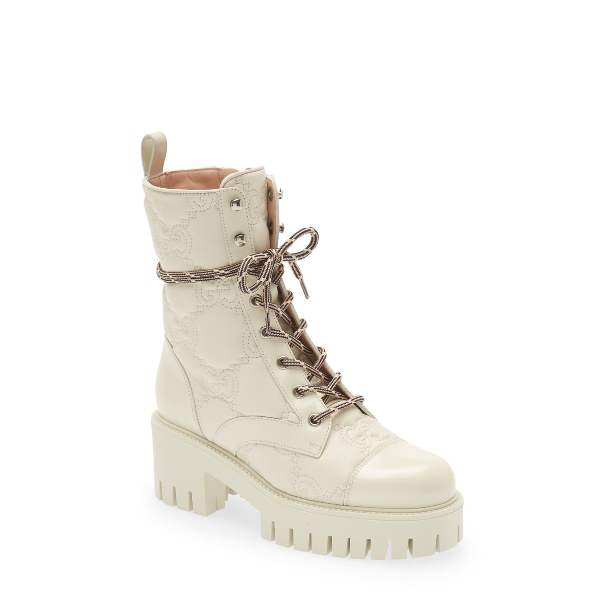 Gucci Luxurious Milk White Logo Quilted Leather Combat Boots Size 5 US / 35 EU