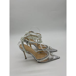 Mach & Mach Silver Leather Diamond Of Elizabeth Imitation Pearl Pointed Toe Pump Size 7.5