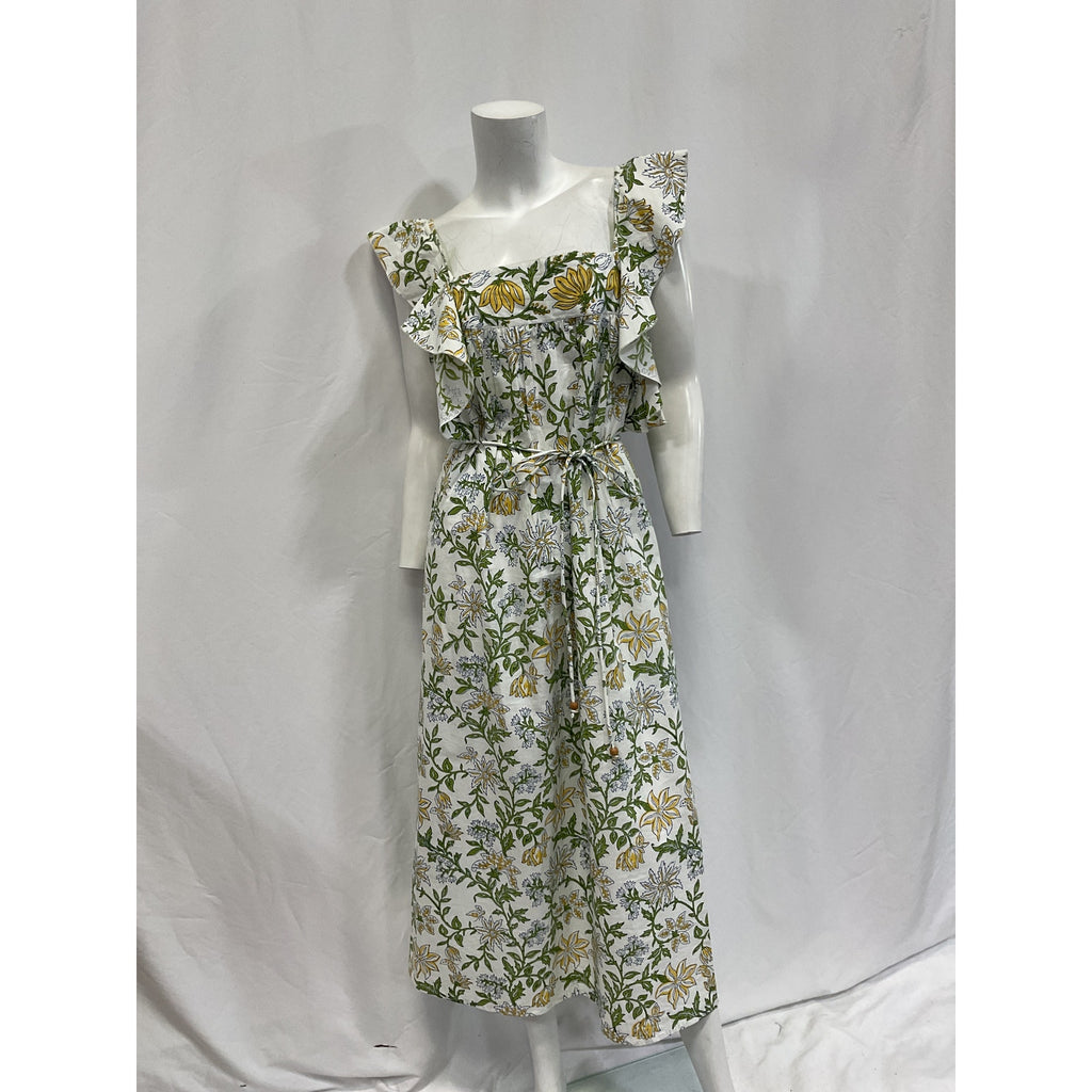 Hannah Artwear Annabella White Cotton Belted Floral Midi-Dress Size S