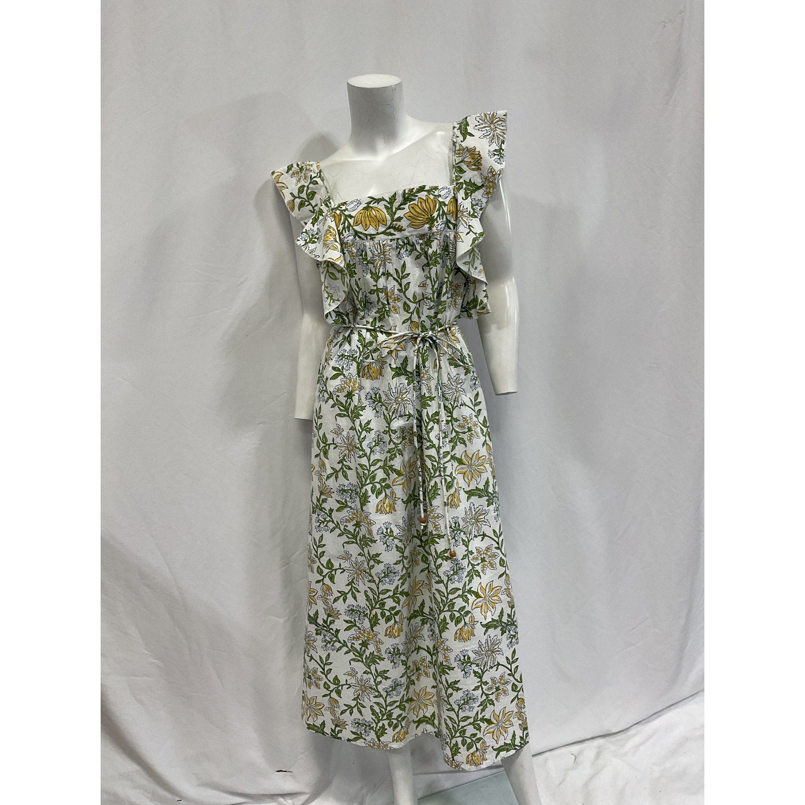 Hannah Artwear Annabella White Cotton Belted Floral Midi-Dress Size S