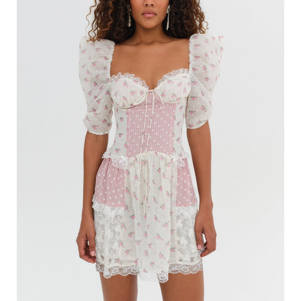 For Love & Lemons 'Francine' Pink Mini Satin & Lace Dress Size M