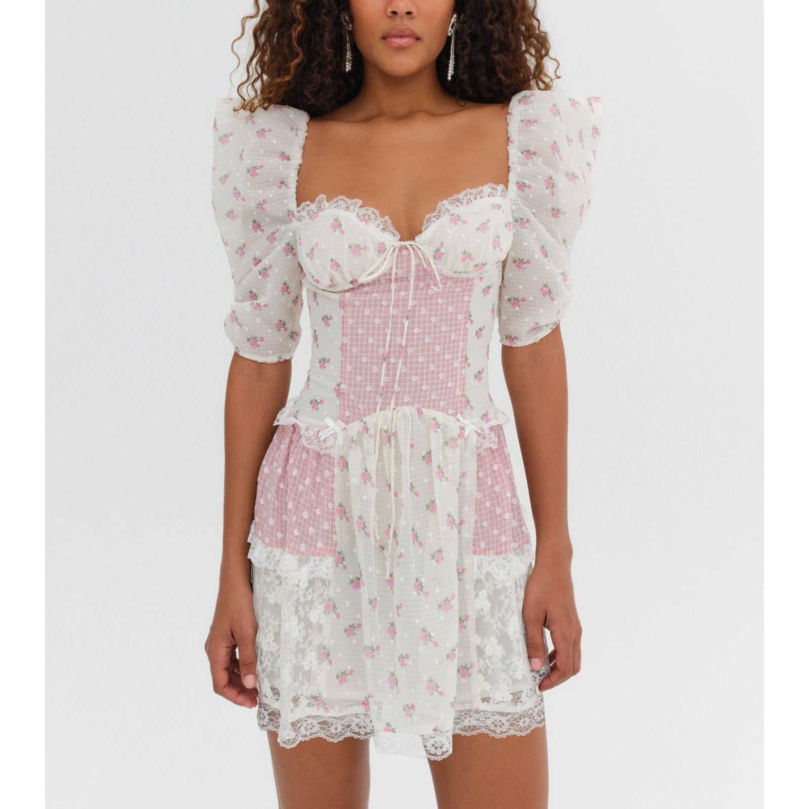 For Love & Lemons 'Francine' Pink Mini Satin & Lace Dress Size M