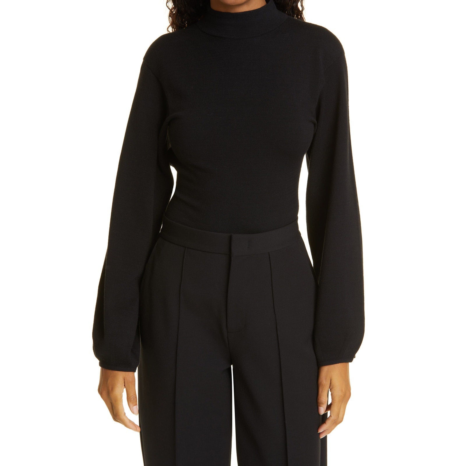 Vince Open Back Puff Sleeve Black Mock Neck Sweater Size S