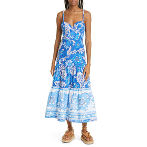 Farm Rio Full Of Flowers Blue Cotton Midi Sundress Size XS