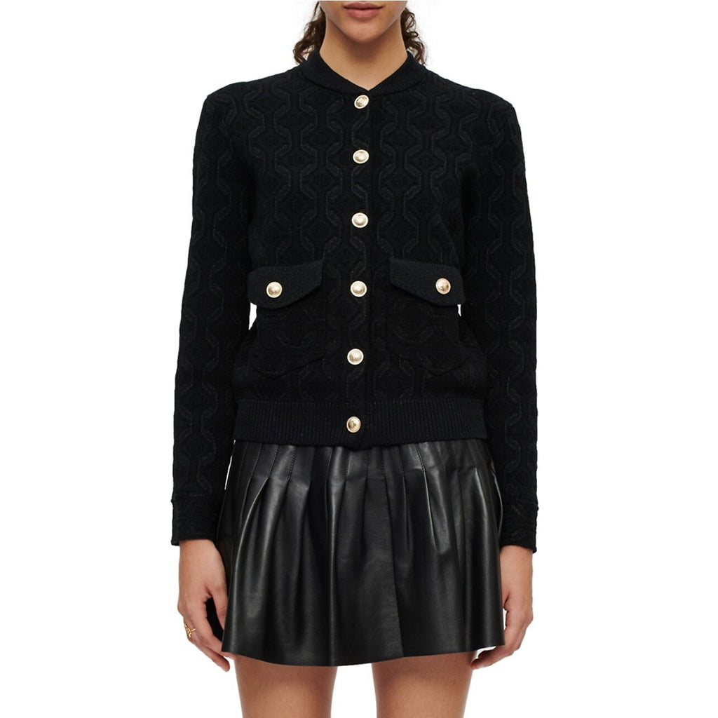 Maje 'Monserra' Black Mocknek Long Sleeve Patterned Cardigan Size S