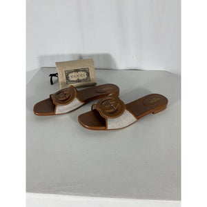 Gucci Interlocking G Brown Leather-Trimmed Slides Size 9