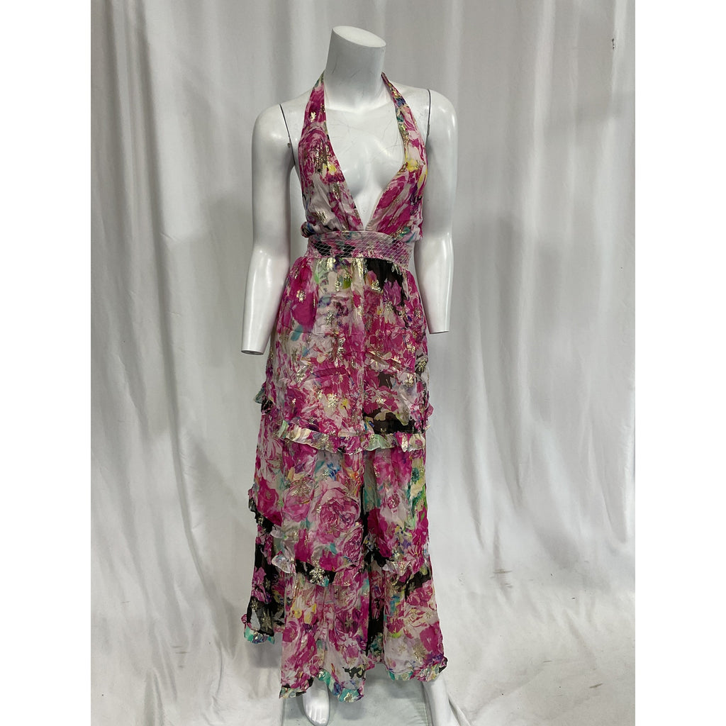 Rococo Sand Pink Halterneck Georgette Metallic Star Long Dress Size M - NWT