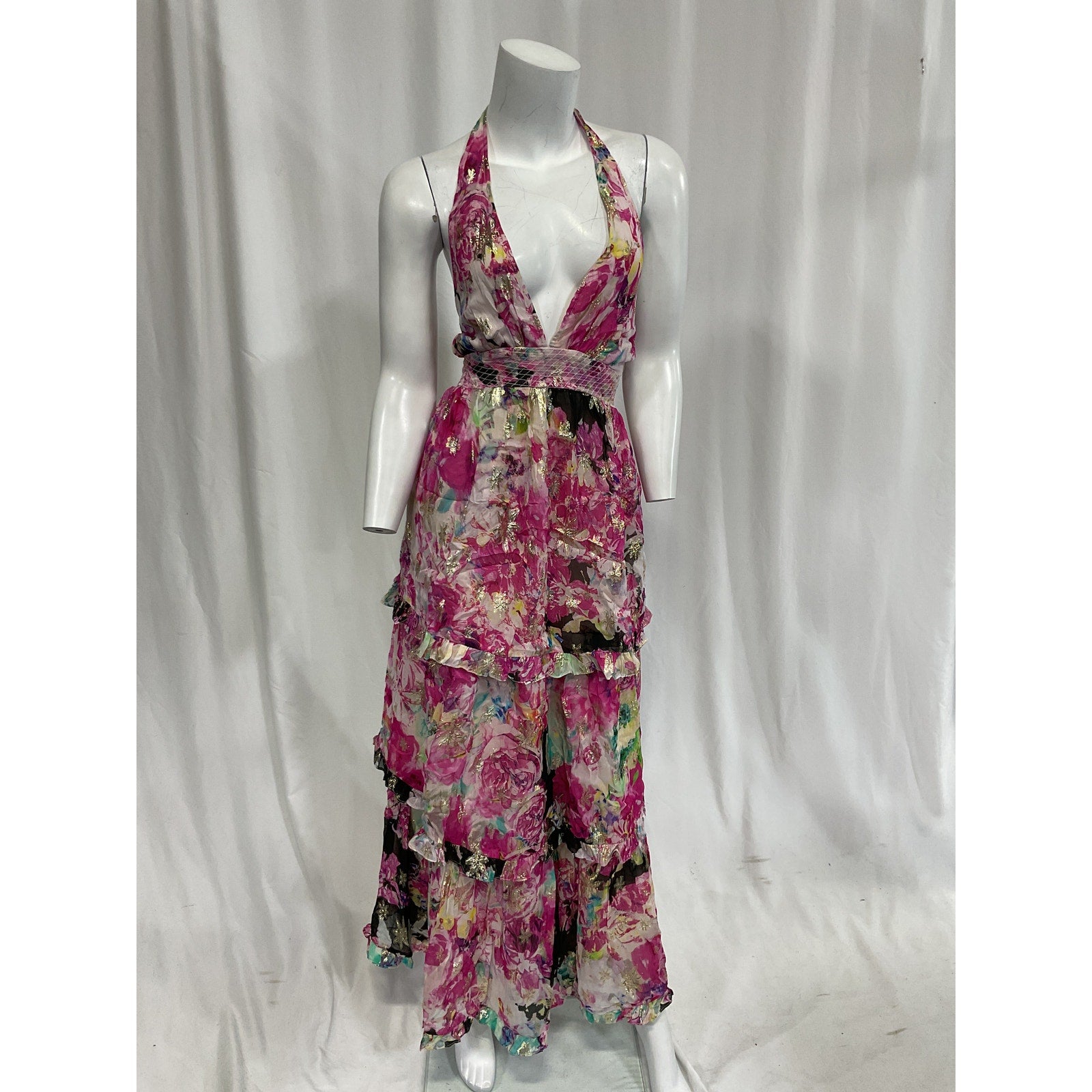 Rococo Sand Pink Halterneck Georgette Metallic Star Long Dress Size M - NWT