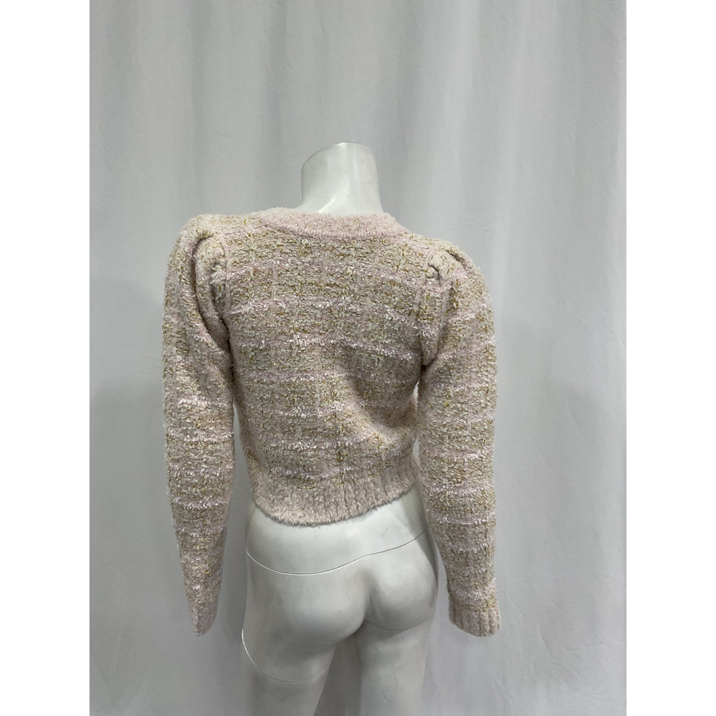 Loveshackfancy 'Saxson' Pink Polyester Tweed Cardigan Size XS