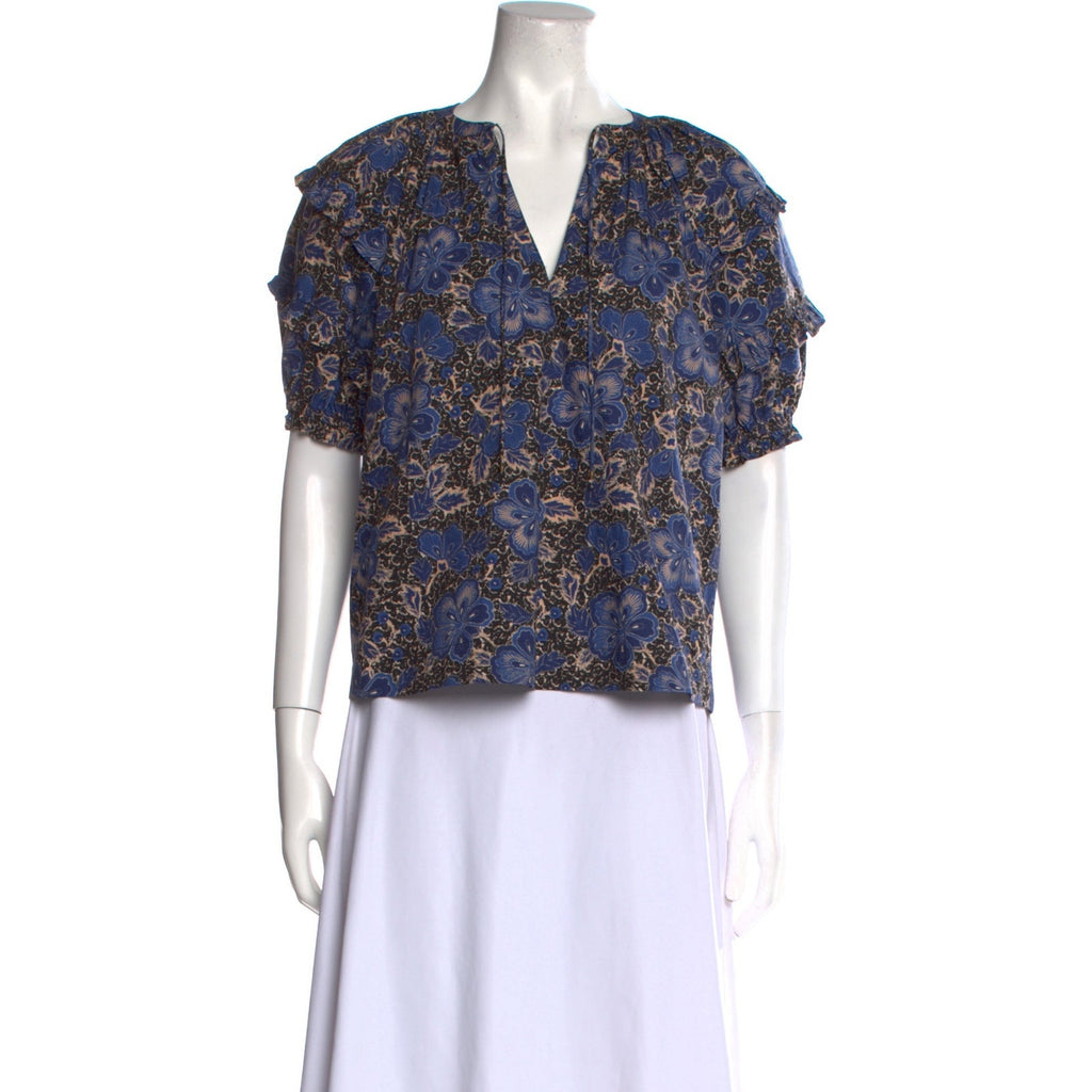 Ulla Johnson Blue Floral Print V-Neck Blouse Size 4