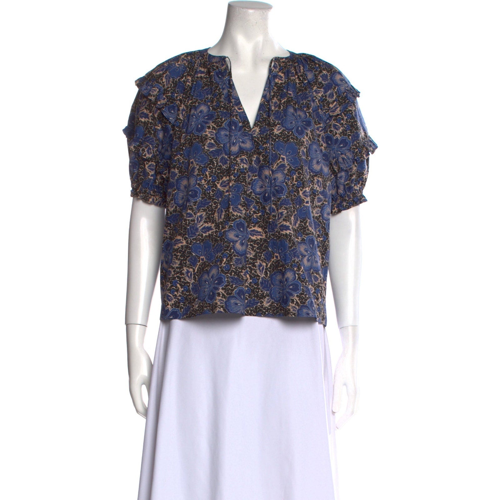 Ulla Johnson Blue Floral Print V-Neck Blouse Size 4