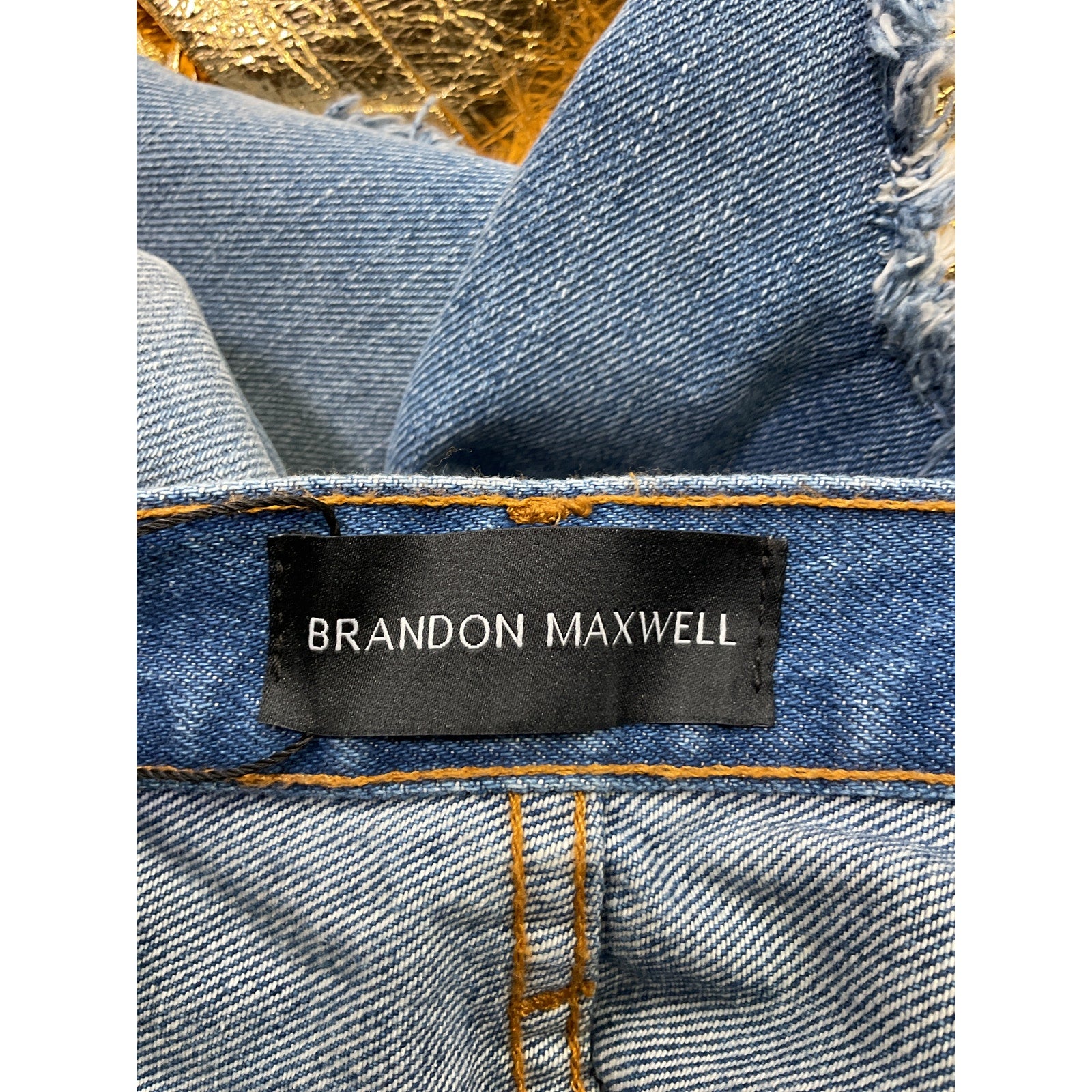 Brandon Maxwell 'The Cortlandt' Blue Cotton Paneled Metallic Leather Straight Leg Jeans Size 25