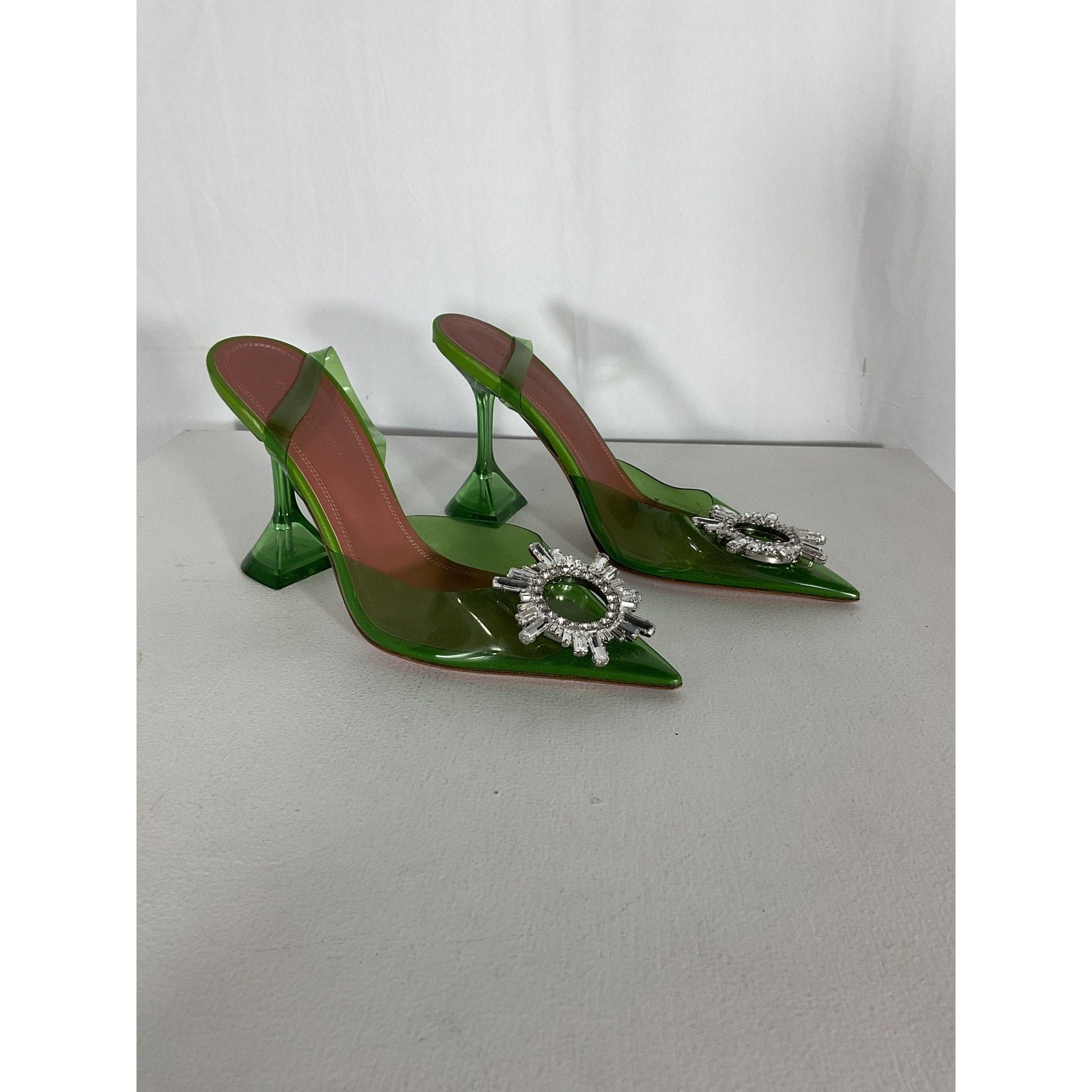 Amina Muaddi 'Begum' Green Leather Glass Heel Size 6.5