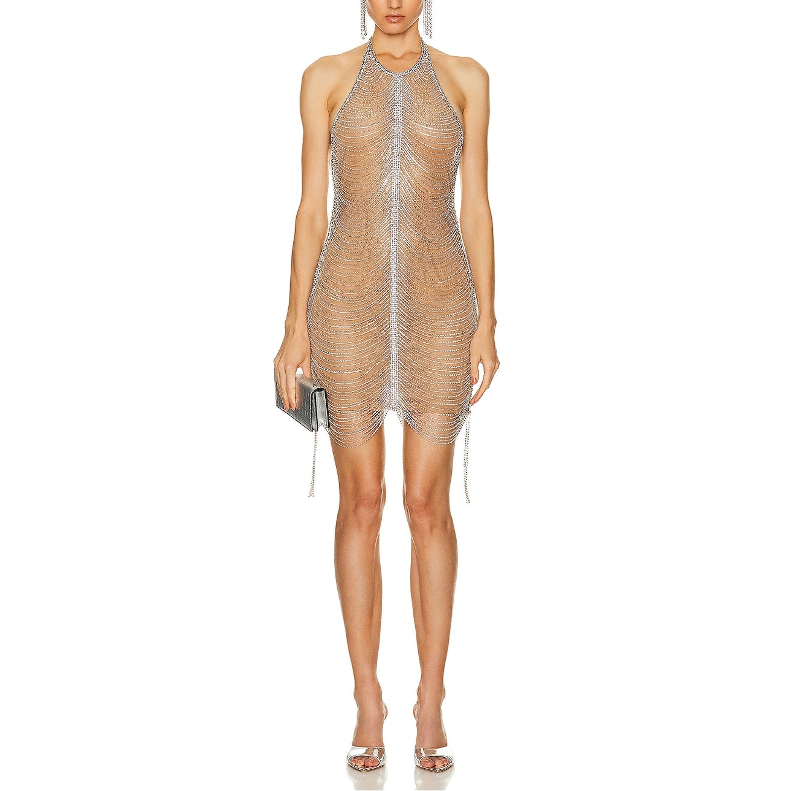 Retrofete 'Irina' Silver Rhinestone Embelished Halter Dress In Nude & Silver Size M - NWT