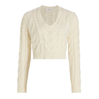 Frame Cropped Beige Cable Knit V Neck Sweater Size S