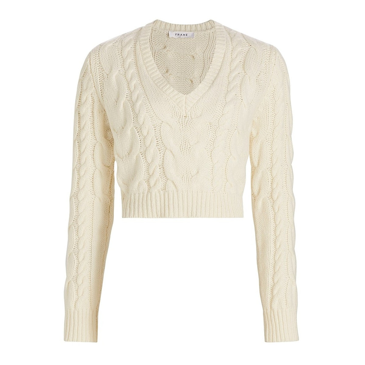 Frame Cropped Beige Cable Knit V Neck Sweater Size S