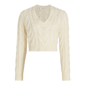 Frame Cropped Beige Cable Knit V Neck Sweater Size S