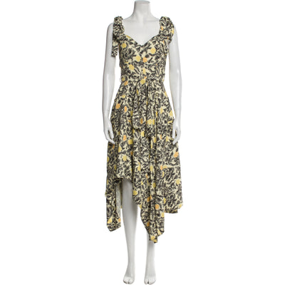 Proenza Schouler Printed Yellow Tie Shoulder Midi Dress Size 4