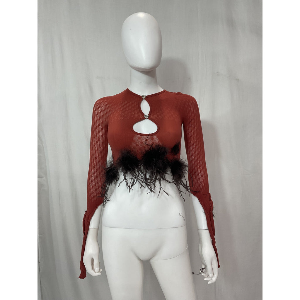 Poster Girl 'Mira' Brown Heart Detail Faux Feather Semi Sheer Top Size OS
