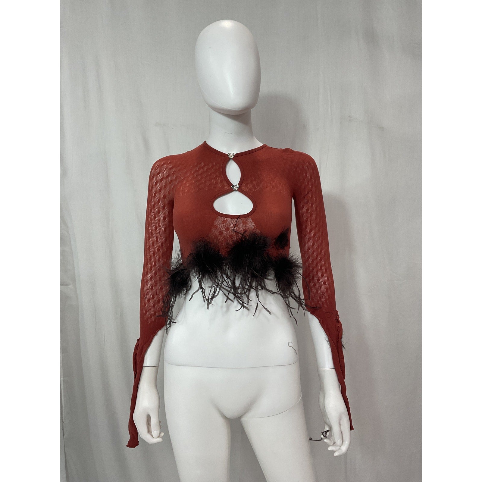 Poster Girl 'Mira' Brown Heart Detail Faux Feather Semi Sheer Top Size OS
