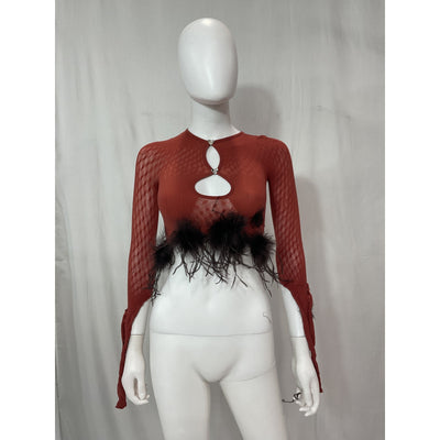 Poster Girl 'Mira' Brown Heart Detail Faux Feather Semi Sheer Top Size OS
