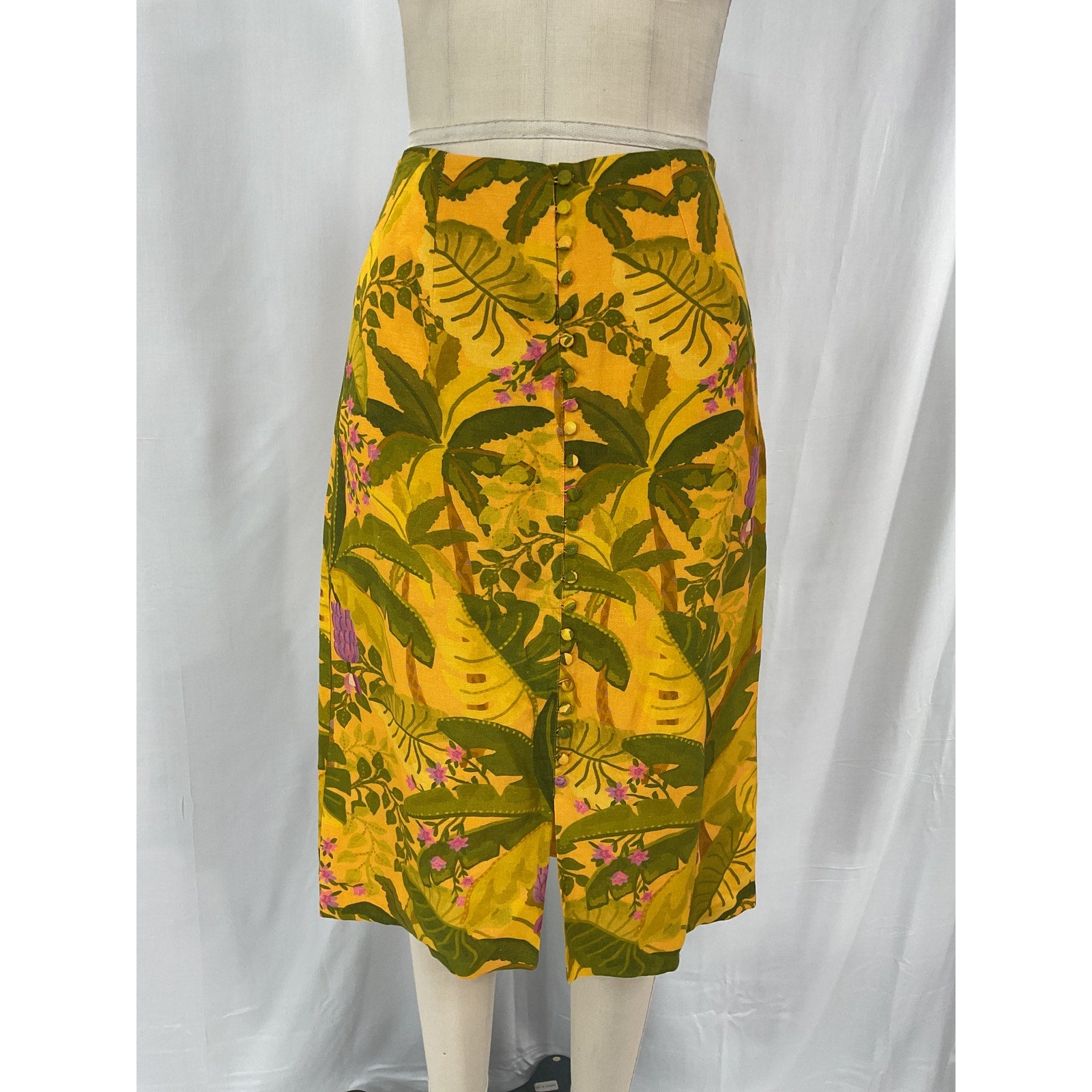 Farm Rio 'Banana' Yellow Linen Blend Leaf Midi Skirt Size S