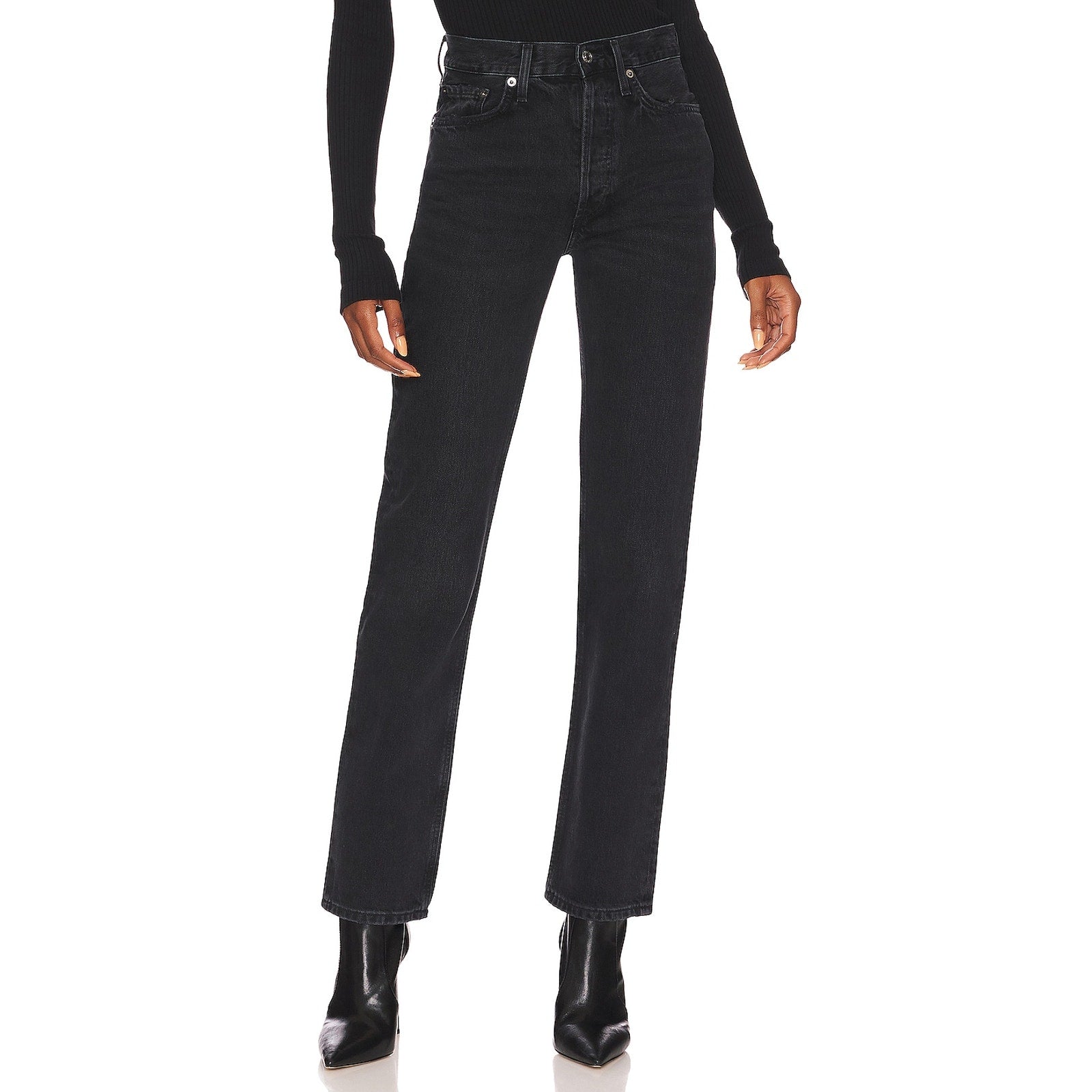 Agolde 'Lana' Black Cotton Mid Rise Straight Denim Jean Size 30