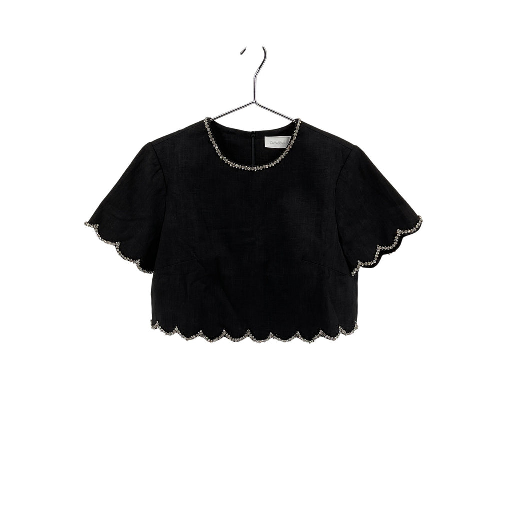 Zimmermann Crush Black Linen Crystal-Embellished Scalloped Crop Top Size 0