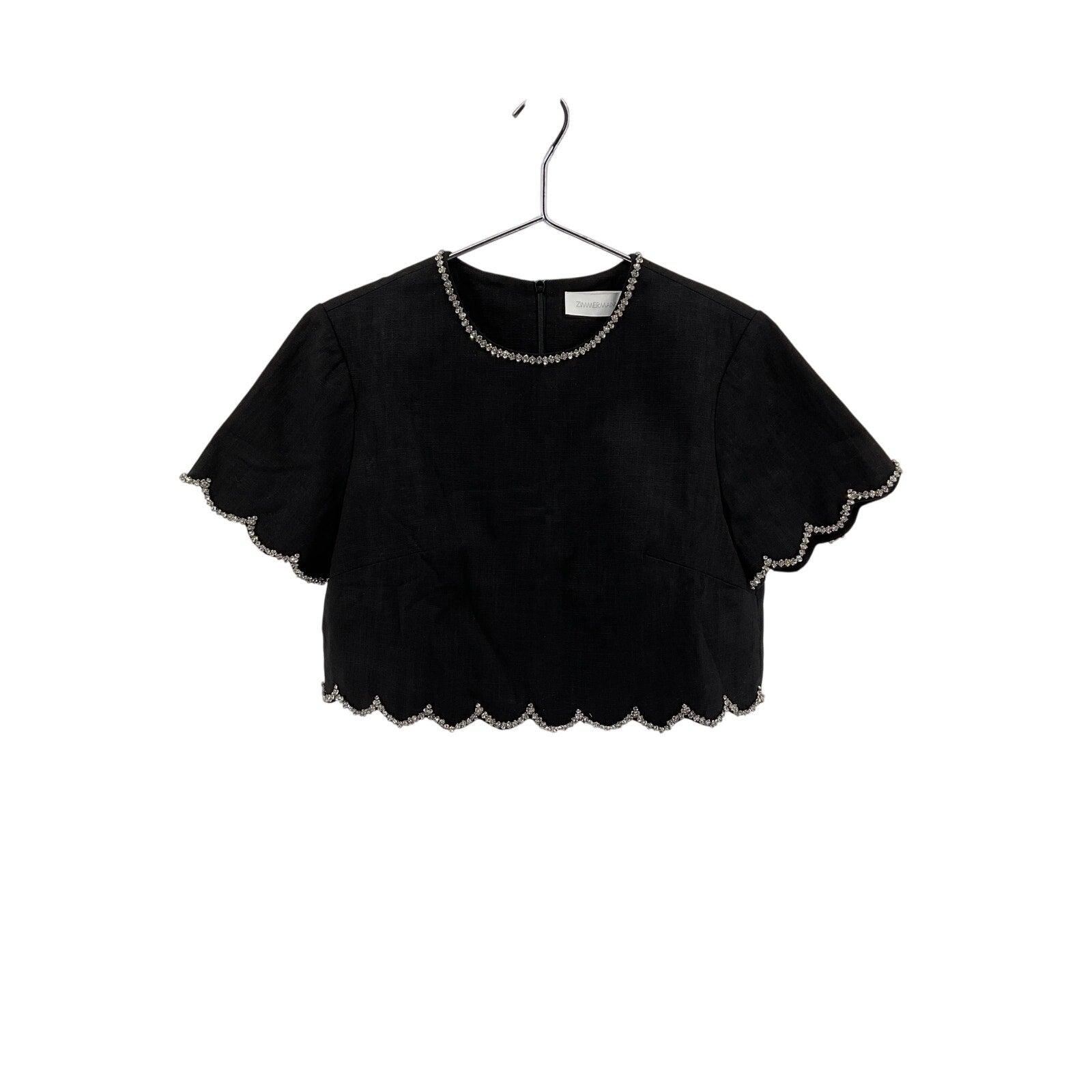 Zimmermann Crush Black Linen Crystal-Embellished Scalloped Crop Top Size 0