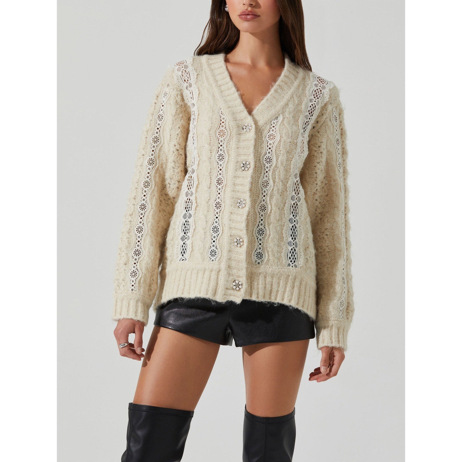 Astr The Label 'Nesmarie' White Acrylic Lace Embellished Cardigan Size M - NWT