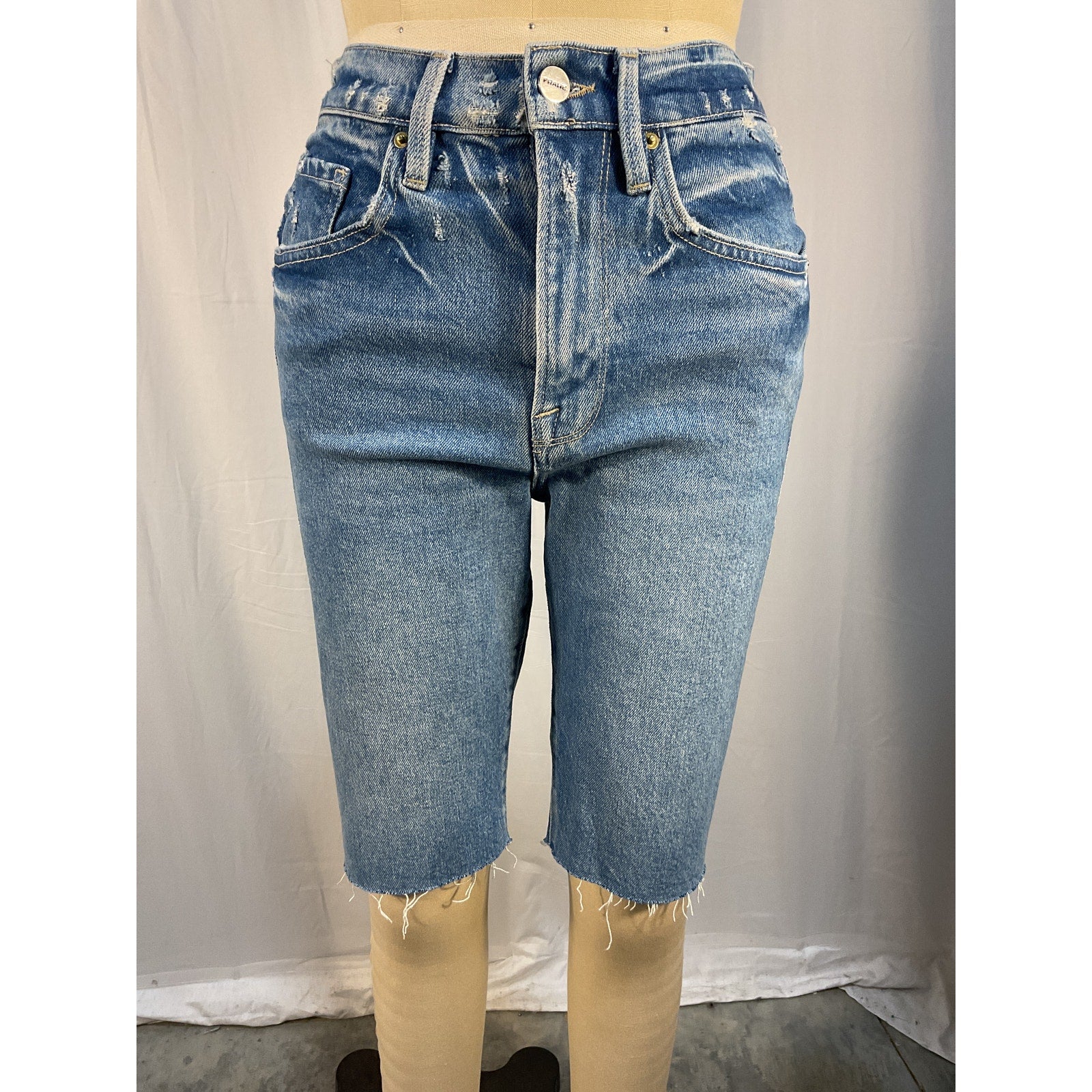 Frame High Waist Blue Raw Edge Denim Bermuda Shorts Size 26