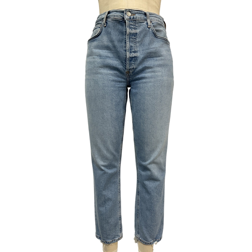 Agolde 'Riley' Blue Cotton High Rise Straight Crop Denim Jean Size 28
