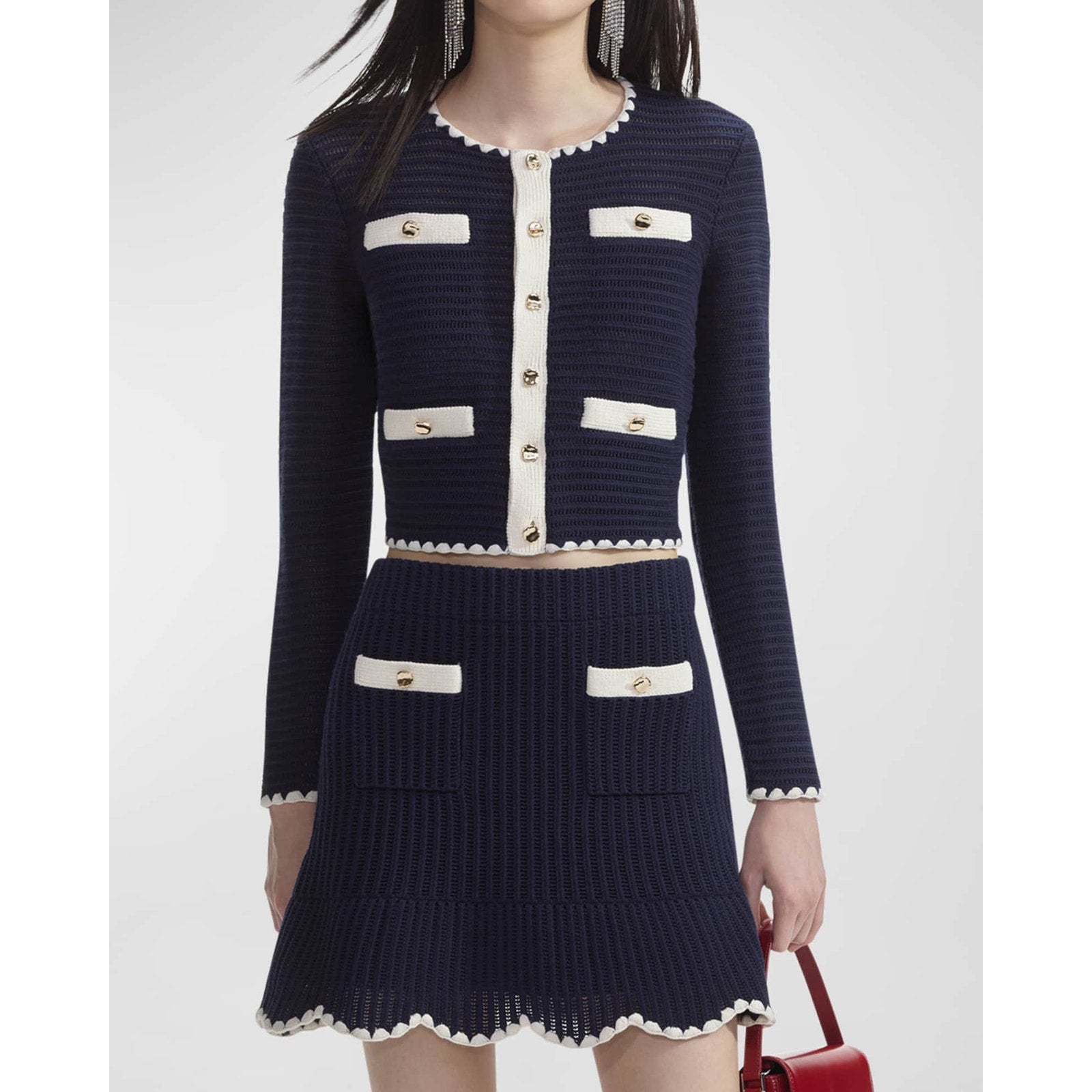 Self-Portrait Blue Cotton Contrast-Trim Cropped Crochet Cardigan Size L